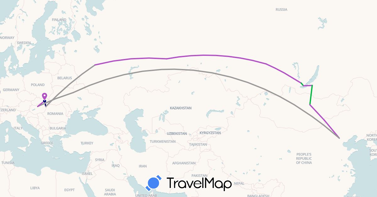TravelMap itinerary: driving, bus, plane, train in China, Hungary, Mongolia, Russia, Slovakia, Ukraine (Asia, Europe)